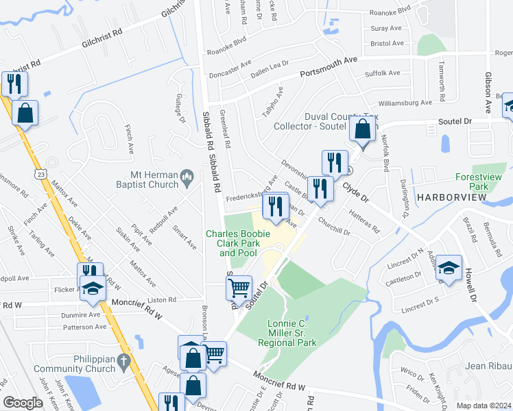 map of restaurants, bars, coffee shops, grocery stores, and more near 5223 Archery Avenue in Jacksonville