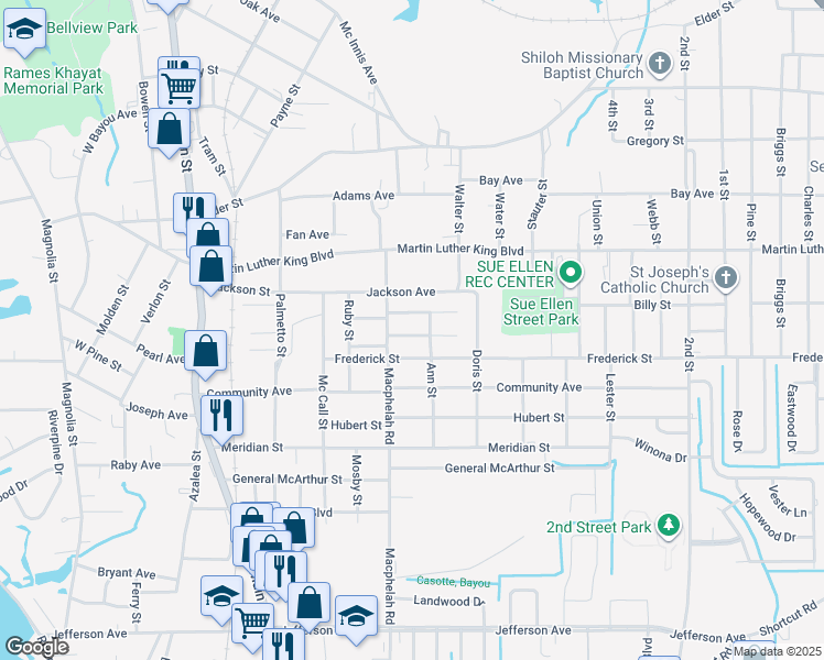 map of restaurants, bars, coffee shops, grocery stores, and more near 4831 Saphire Avenue in Moss Point