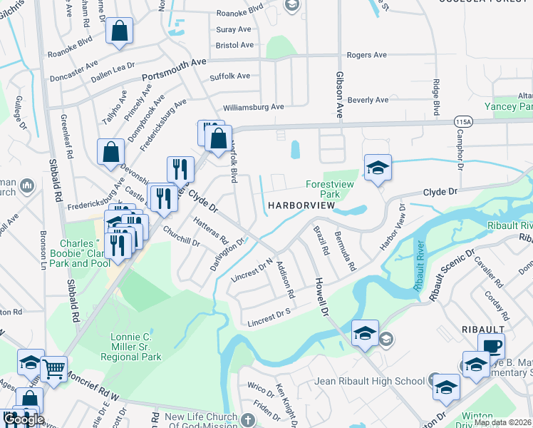 map of restaurants, bars, coffee shops, grocery stores, and more near 8711 Darlington Drive in Jacksonville