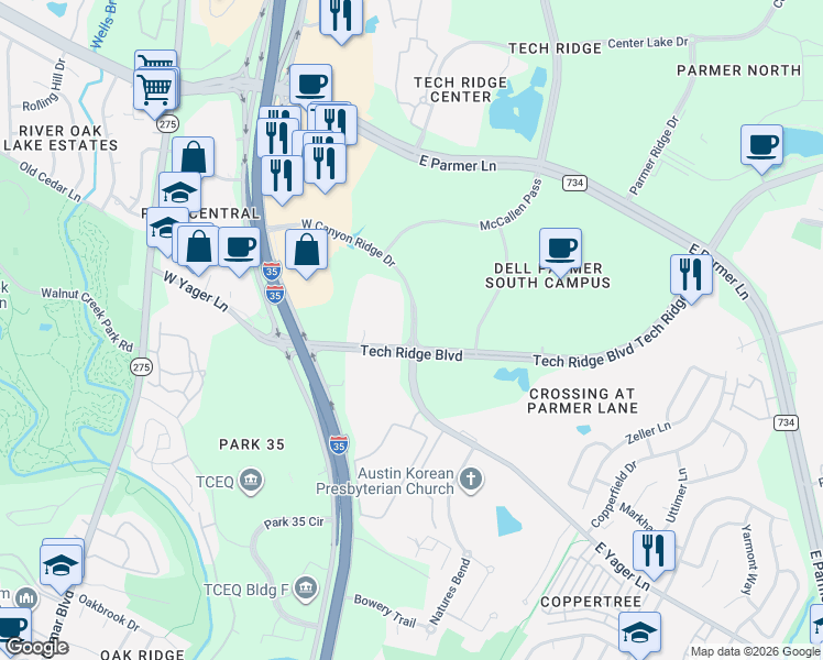 map of restaurants, bars, coffee shops, grocery stores, and more near 12429 Tech Ridge Boulevard in Austin