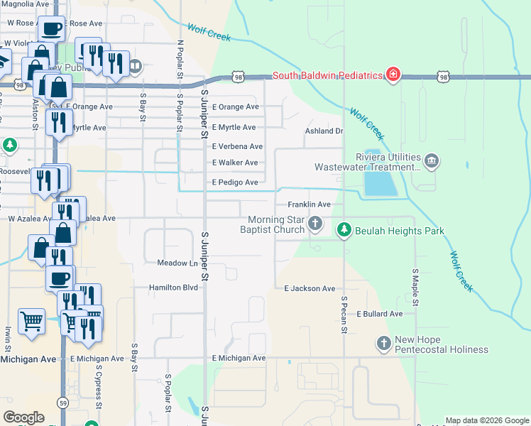 map of restaurants, bars, coffee shops, grocery stores, and more near 801 South Chestnut Street in Foley
