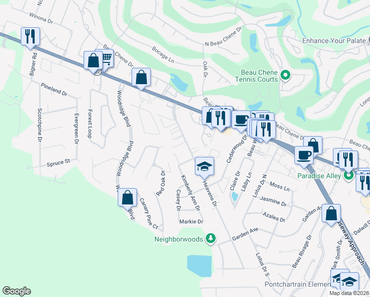 map of restaurants, bars, coffee shops, grocery stores, and more near 721 Heavens Drive in Mandeville