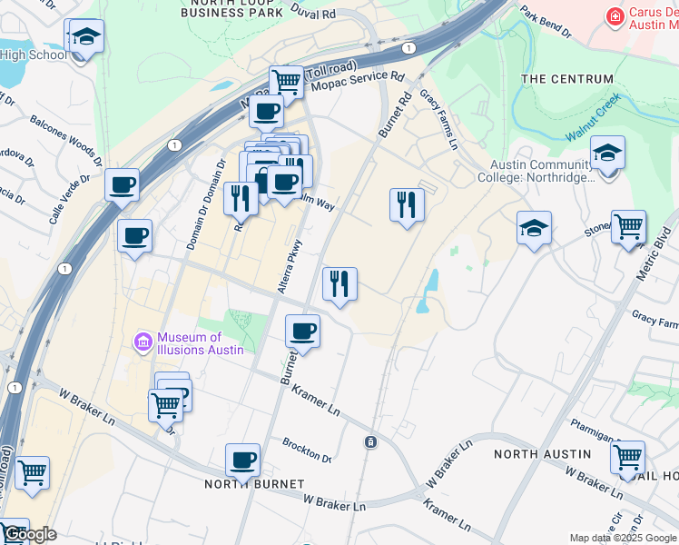 map of restaurants, bars, coffee shops, grocery stores, and more near 11103-11499 Burnet Rd in Austin