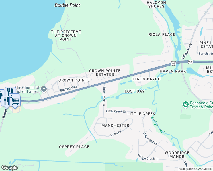 map of restaurants, bars, coffee shops, grocery stores, and more near 11132 Little Creek Lane in Pensacola
