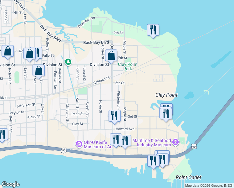 map of restaurants, bars, coffee shops, grocery stores, and more near 236 Oak St in Biloxi