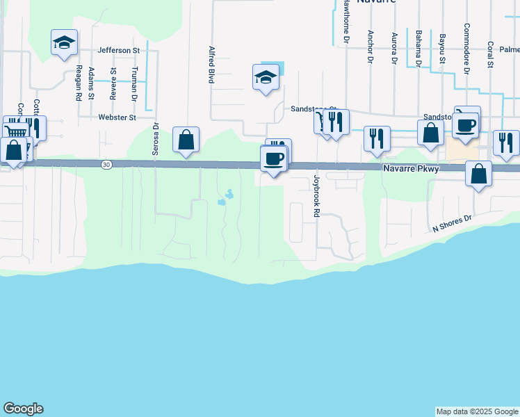 map of restaurants, bars, coffee shops, grocery stores, and more near Sound Haven Court in Navarre