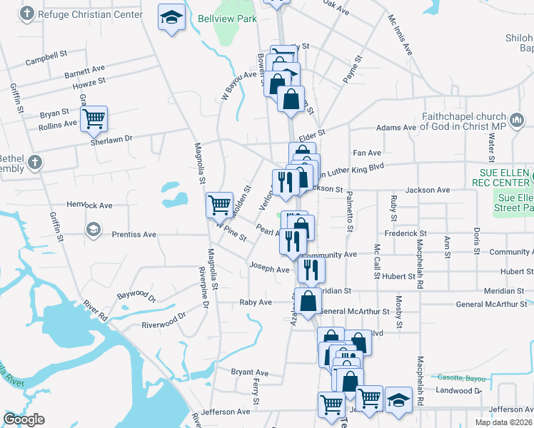 map of restaurants, bars, coffee shops, grocery stores, and more near 4107 Verlon Street in Moss Point