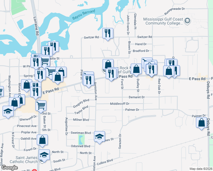 map of restaurants, bars, coffee shops, grocery stores, and more near 1909 East Pass Road in Gulfport