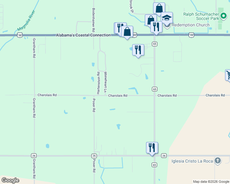 map of restaurants, bars, coffee shops, grocery stores, and more near 17635 Charolais Road in Foley