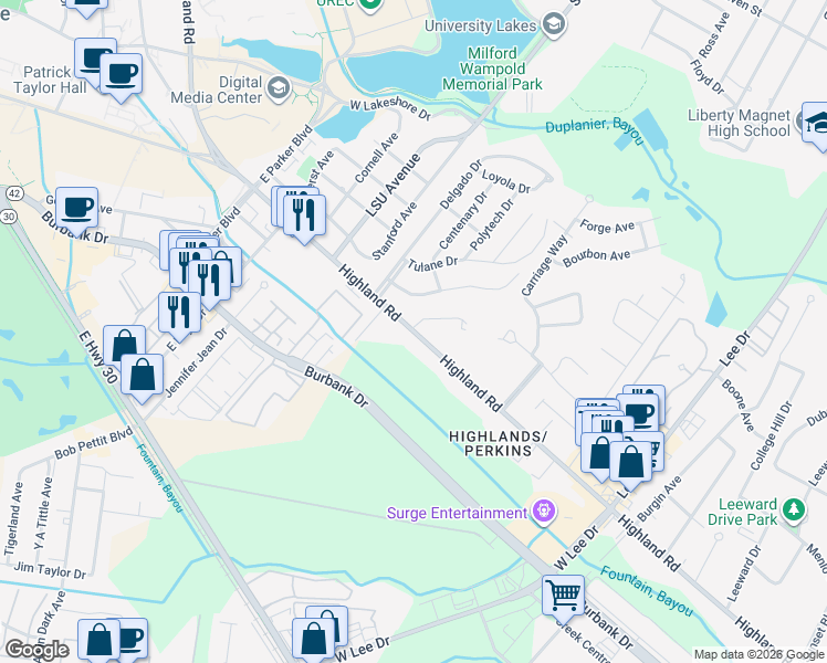 map of restaurants, bars, coffee shops, grocery stores, and more near 4810 Highland Road in Baton Rouge