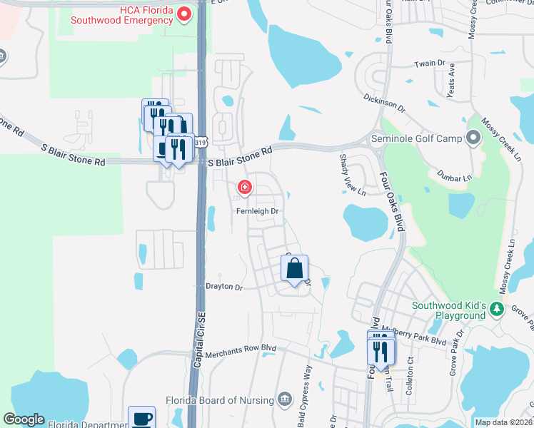 map of restaurants, bars, coffee shops, grocery stores, and more near 2113 Merrifield Lane in Tallahassee