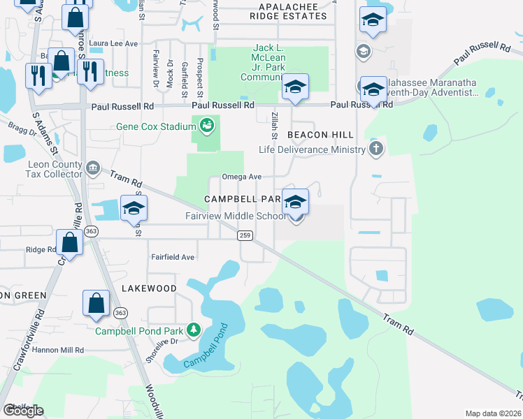 map of restaurants, bars, coffee shops, grocery stores, and more near 3410 Laura Street in Tallahassee
