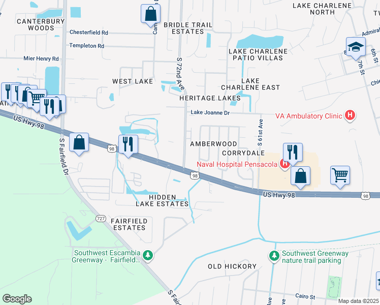 map of restaurants, bars, coffee shops, grocery stores, and more near 692 South 72nd Avenue in Pensacola