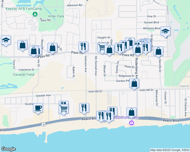 map of restaurants, bars, coffee shops, grocery stores, and more near 234b Veterans Avenue in Biloxi