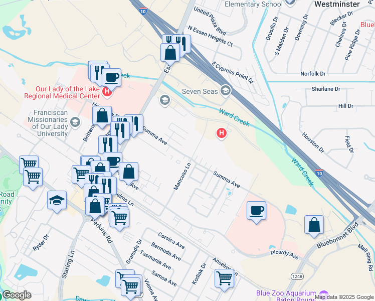map of restaurants, bars, coffee shops, grocery stores, and more near 8061 Pennth Avenue in Baton Rouge