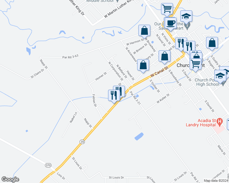 map of restaurants, bars, coffee shops, grocery stores, and more near 822 Elm Street in Church Point