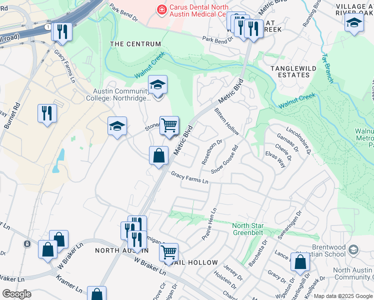 map of restaurants, bars, coffee shops, grocery stores, and more near 11951 Sunhillow Bend in Austin