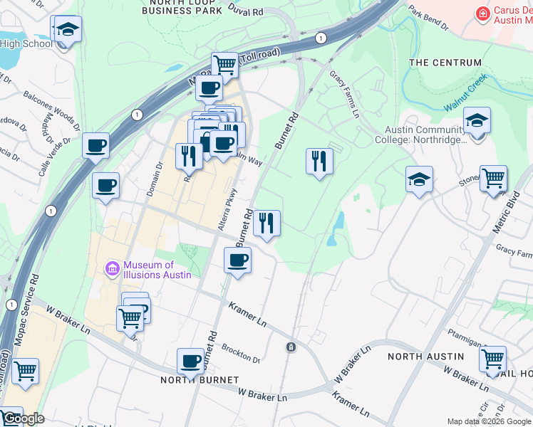 map of restaurants, bars, coffee shops, grocery stores, and more near 11103-11499 Burnet Rd in Austin