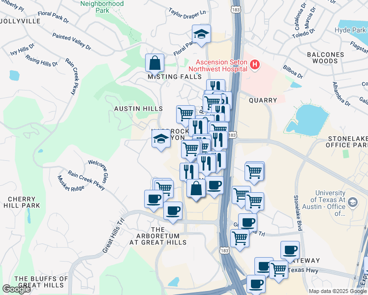 map of restaurants, bars, coffee shops, grocery stores, and more near in Austin