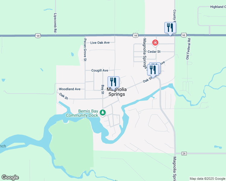 map of restaurants, bars, coffee shops, grocery stores, and more near 14469 Oak Street in Magnolia Springs