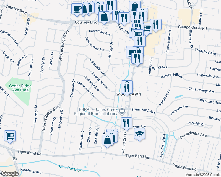 map of restaurants, bars, coffee shops, grocery stores, and more near 5738 North Snowden Avenue in Baton Rouge