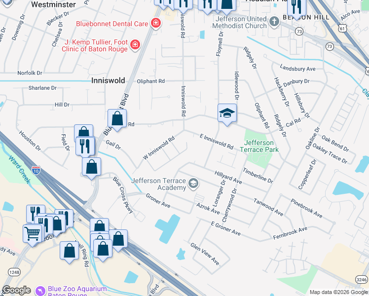 map of restaurants, bars, coffee shops, grocery stores, and more near 9620 East Inniswold Road in Baton Rouge
