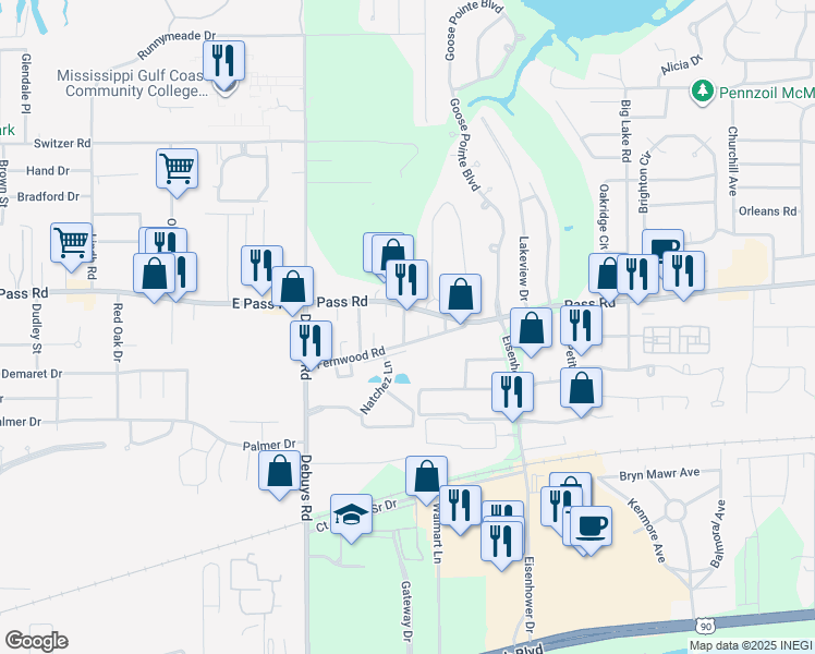 map of restaurants, bars, coffee shops, grocery stores, and more near 298 Hickory Road in Biloxi