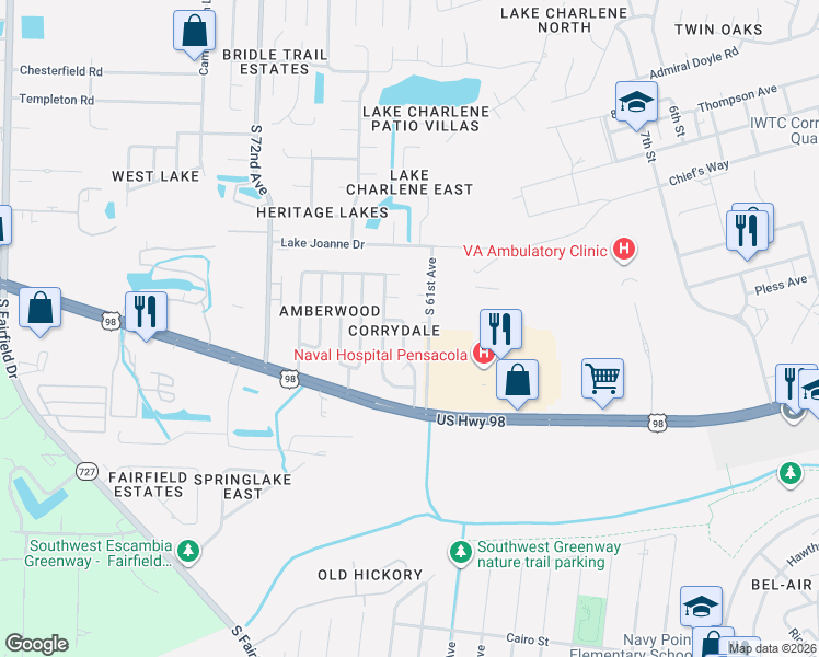 map of restaurants, bars, coffee shops, grocery stores, and more near 386 Quigley Road in Pensacola