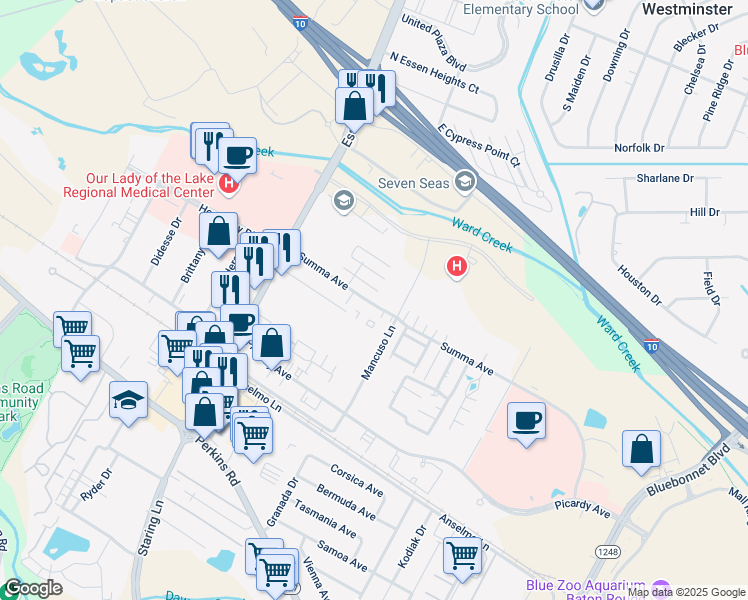 map of restaurants, bars, coffee shops, grocery stores, and more near 8061 Pennth Avenue in Baton Rouge