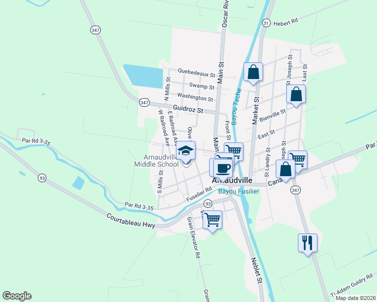 map of restaurants, bars, coffee shops, grocery stores, and more near 300-398 Olive Street in Arnaudville