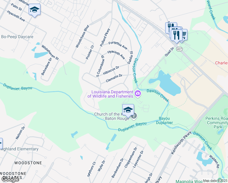 map of restaurants, bars, coffee shops, grocery stores, and more near 1263 Dahlia Street in Baton Rouge