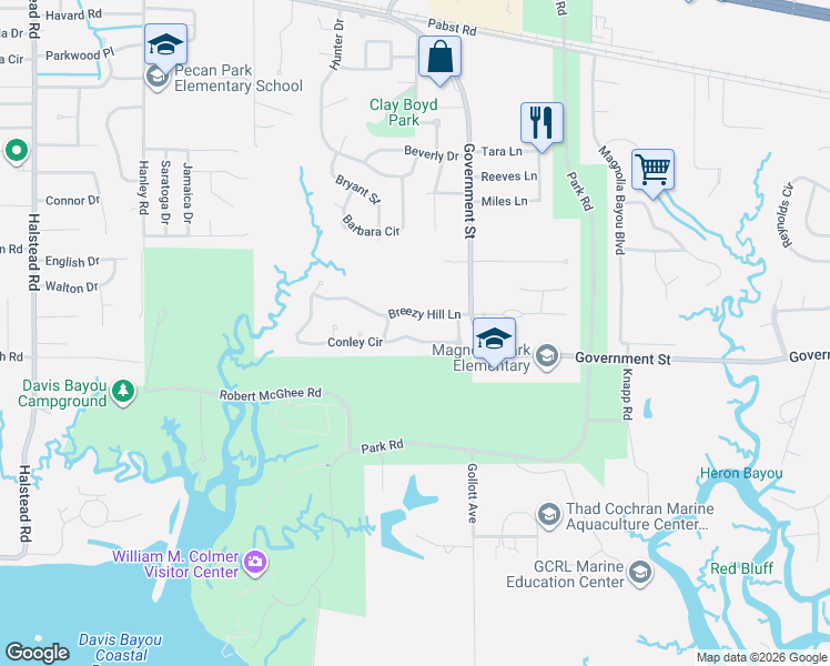 map of restaurants, bars, coffee shops, grocery stores, and more near 3116 Breezy Hill Lane in Ocean Springs