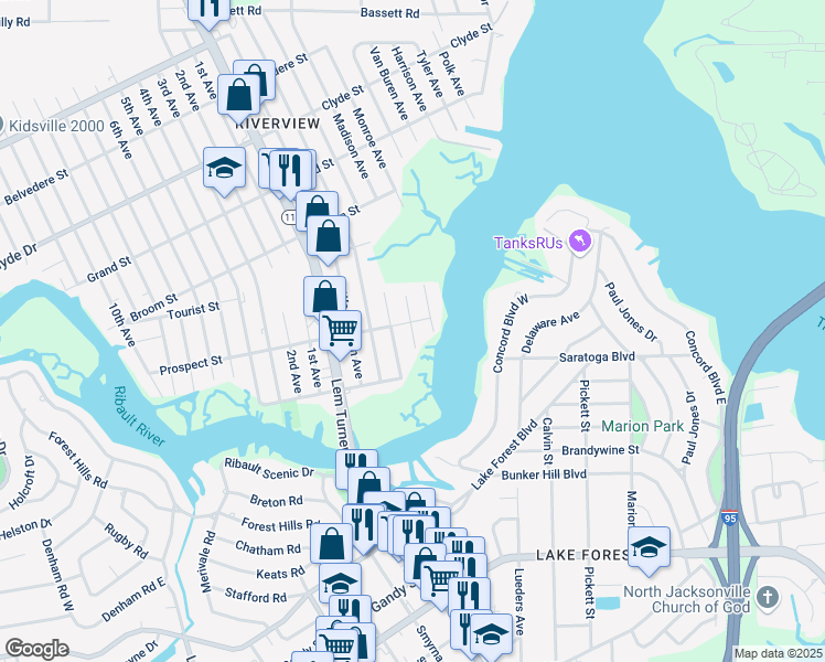 map of restaurants, bars, coffee shops, grocery stores, and more near 8706 Madison Avenue in Jacksonville