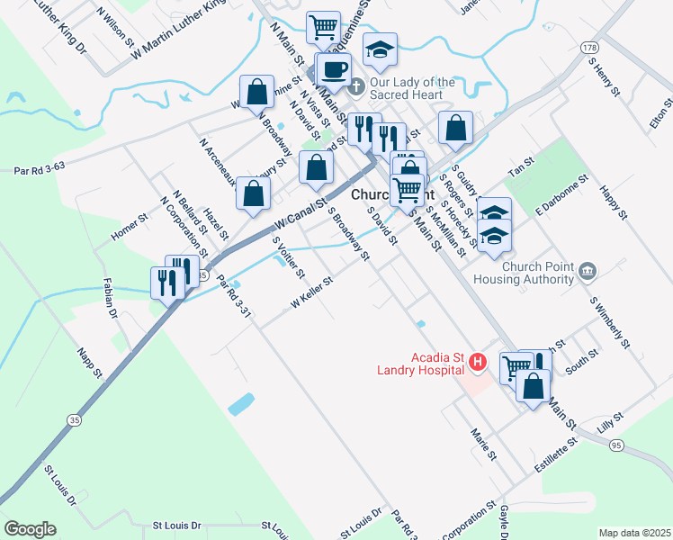 map of restaurants, bars, coffee shops, grocery stores, and more near 320 South Coolidge Street in Church Point