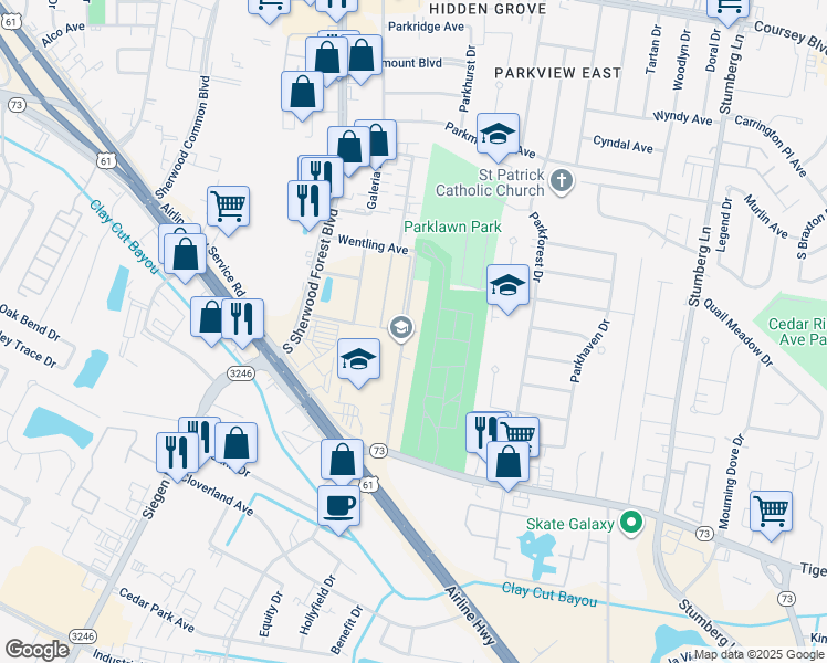 map of restaurants, bars, coffee shops, grocery stores, and more near 5523 Parkview Church Road in Baton Rouge