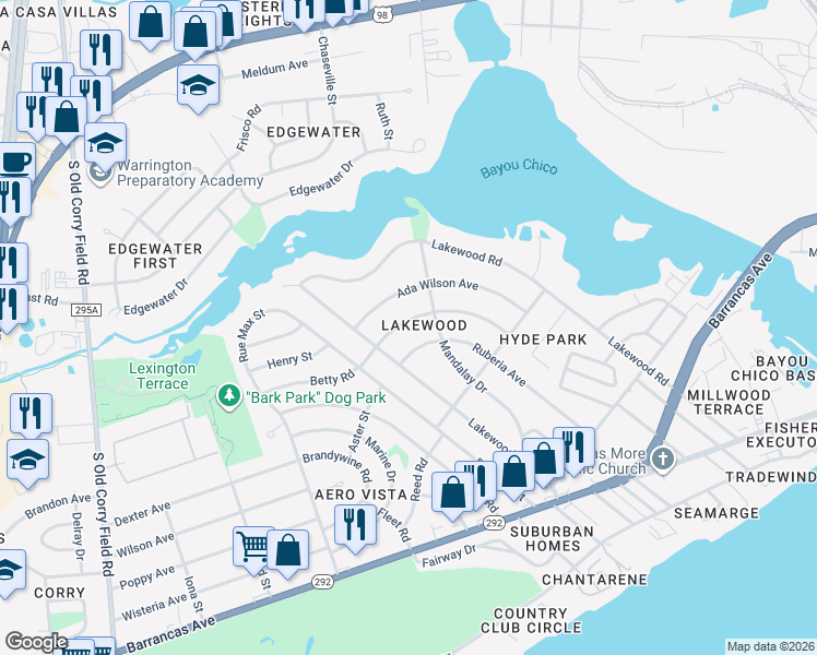 map of restaurants, bars, coffee shops, grocery stores, and more near 302 Hermey Avenue in Pensacola