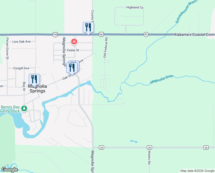 map of restaurants, bars, coffee shops, grocery stores, and more near 12094 Old Federal Road in Magnolia Springs