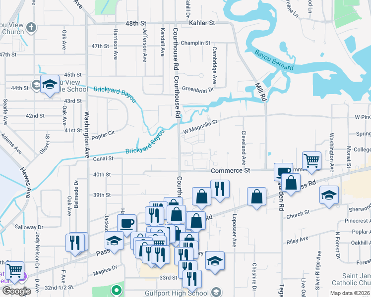 map of restaurants, bars, coffee shops, grocery stores, and more near 980 Courthouse Road in Gulfport