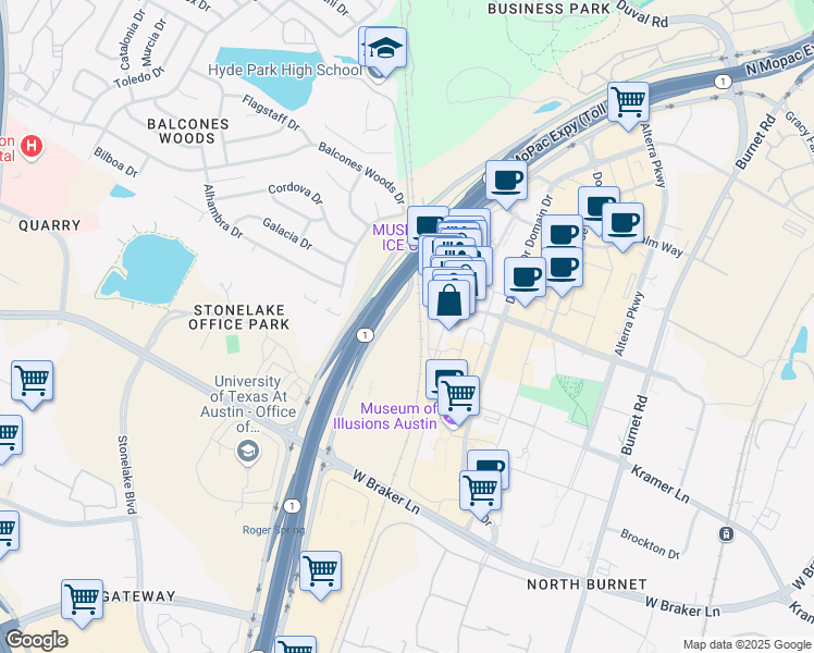 map of restaurants, bars, coffee shops, grocery stores, and more near 11201 North Mopac Expressway in Austin