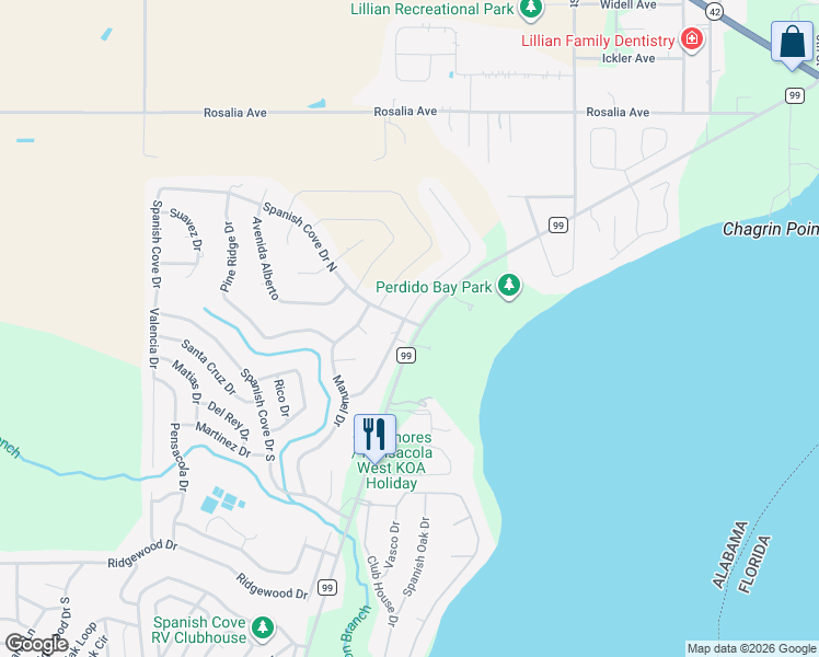 map of restaurants, bars, coffee shops, grocery stores, and more near 2741 Santa Rosa Drive in Lillian