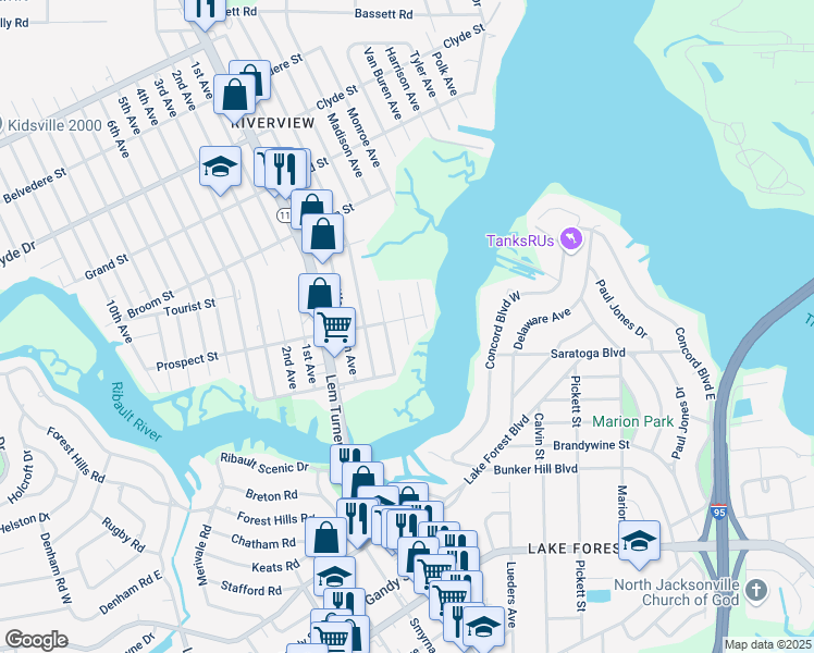 map of restaurants, bars, coffee shops, grocery stores, and more near 8706 Madison Avenue in Jacksonville