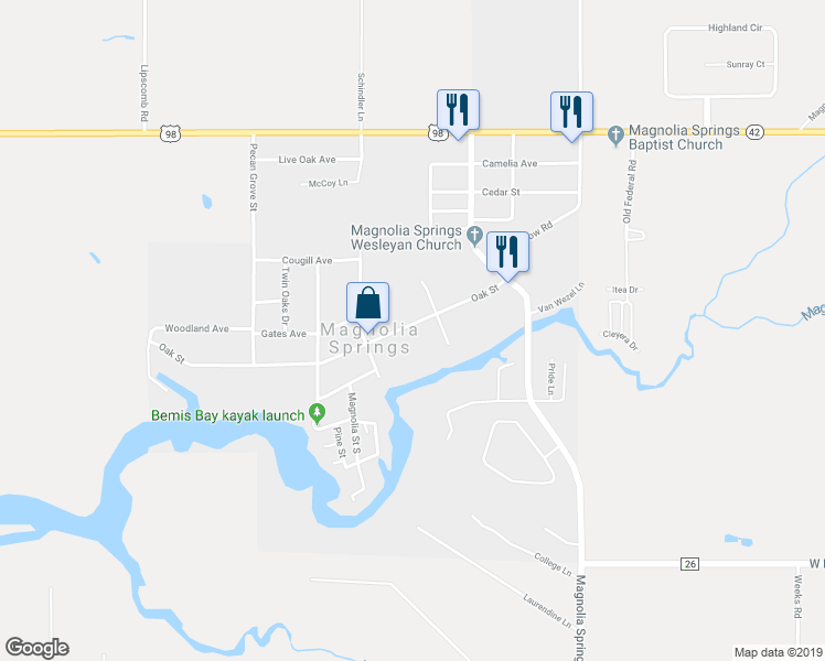 map of restaurants, bars, coffee shops, grocery stores, and more near 14623 Oak Street in Magnolia Springs