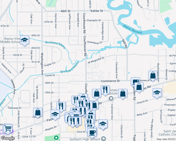 map of restaurants, bars, coffee shops, grocery stores, and more near 980 Courthouse Road in Gulfport