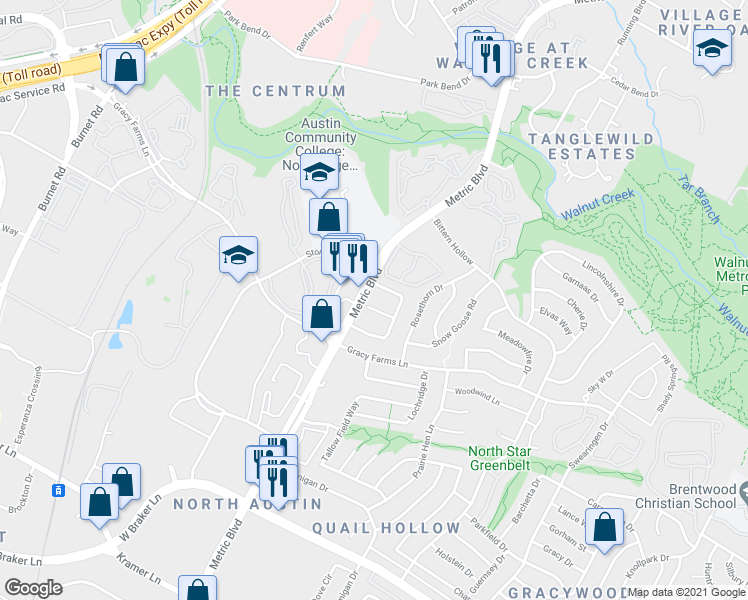 map of restaurants, bars, coffee shops, grocery stores, and more near 11951 Sunhillow Bend in Austin