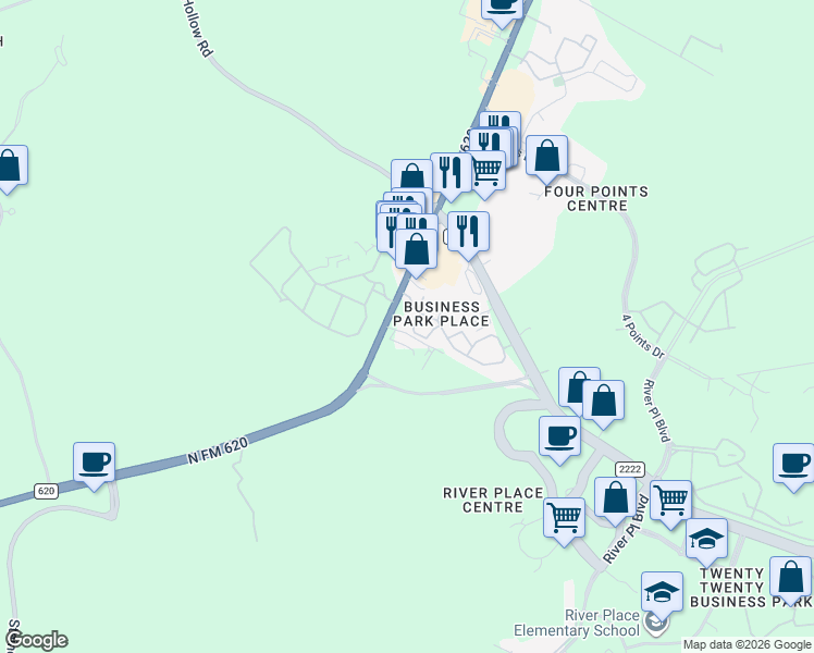 map of restaurants, bars, coffee shops, grocery stores, and more near 6715 Ranch Road 620 North in Austin