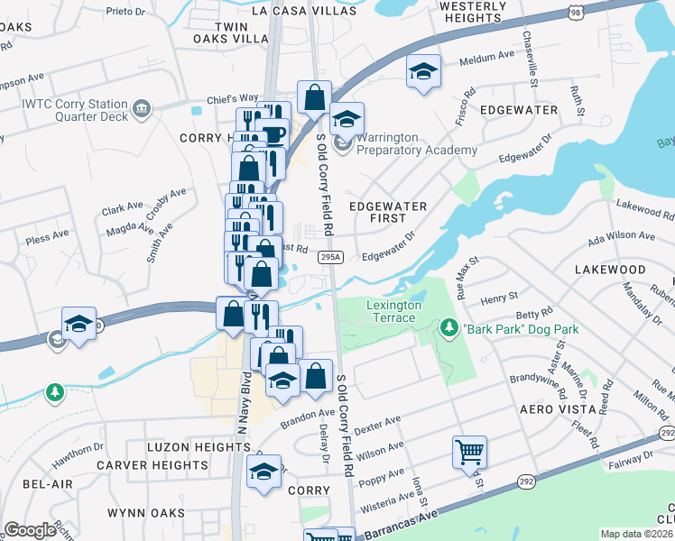 map of restaurants, bars, coffee shops, grocery stores, and more near 631 Edgewater Drive in Pensacola