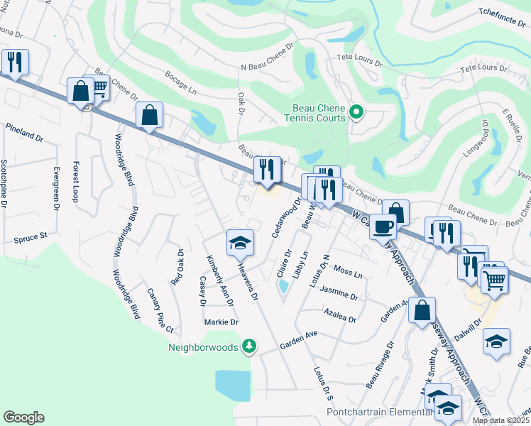 map of restaurants, bars, coffee shops, grocery stores, and more near 310 Parkview Boulevard in Mandeville