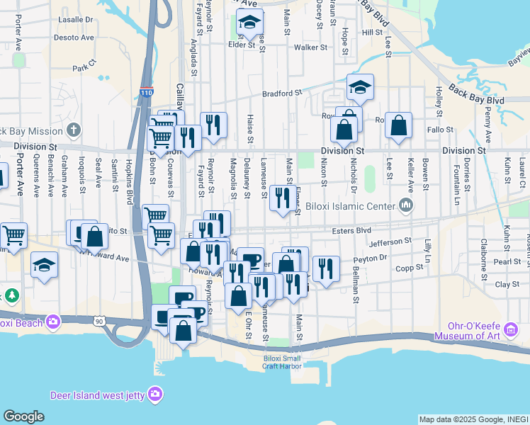 map of restaurants, bars, coffee shops, grocery stores, and more near 216 Lameuse Street in Biloxi