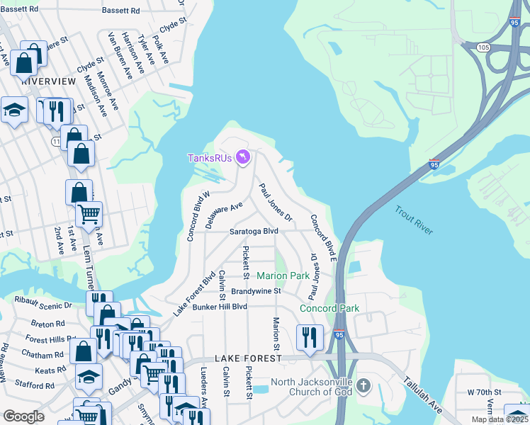 map of restaurants, bars, coffee shops, grocery stores, and more near 8305 Paul Jones Drive in Jacksonville