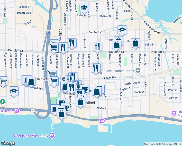 map of restaurants, bars, coffee shops, grocery stores, and more near 216 Lameuse Street in Biloxi